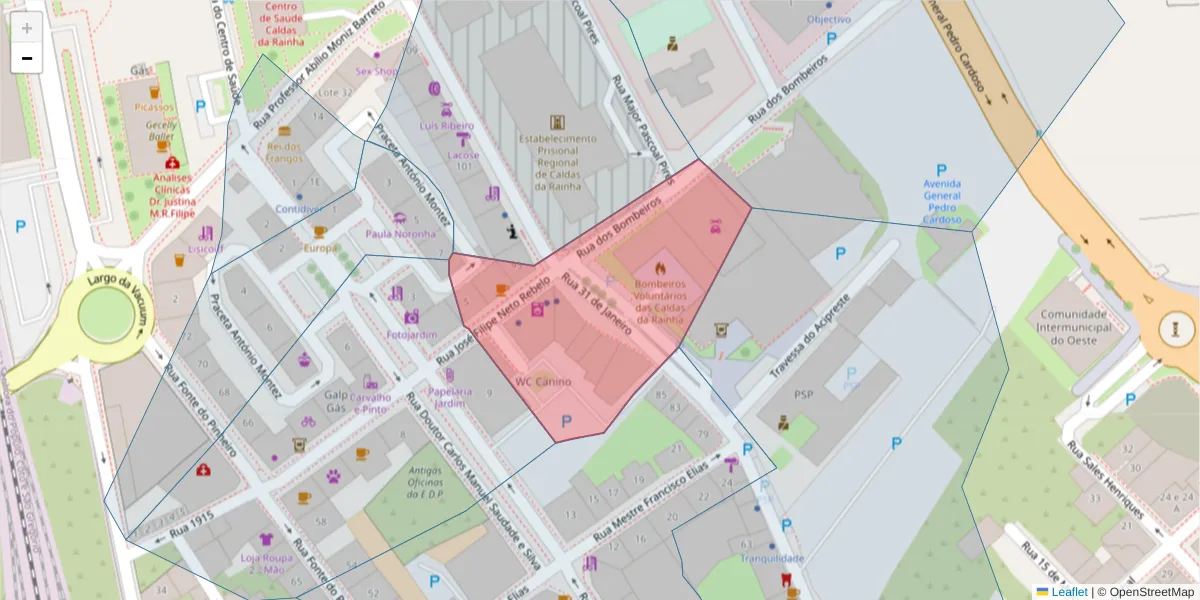 Mapa detalhado do código postal 2500-222 com limites, códigos postais vizinhos e agências dos correios