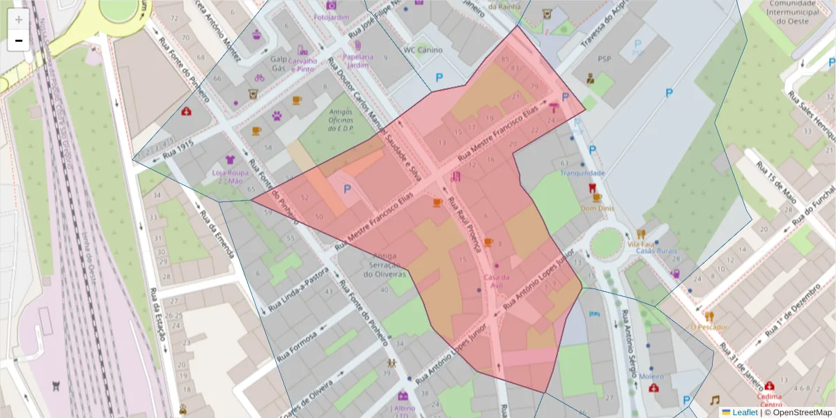 Mapa detalhado do código postal 2500-236 com limites, códigos postais vizinhos e agências dos correios