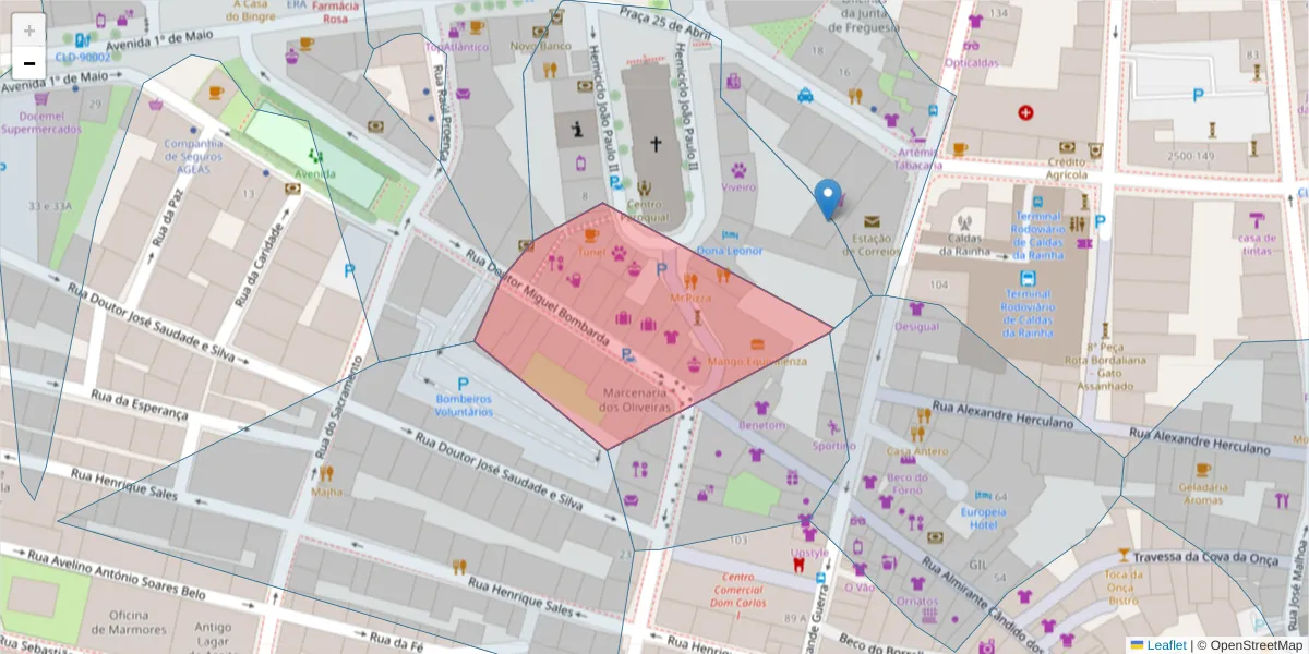Mapa detalhado do código postal 2500-238 com limites, códigos postais vizinhos e agências dos correios