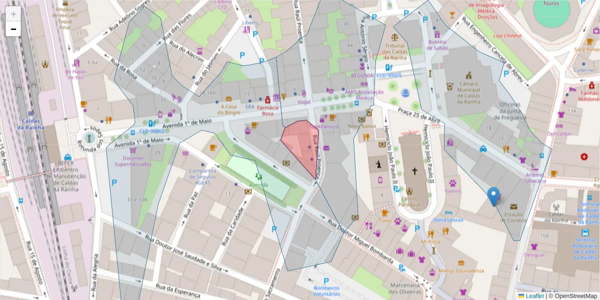 Mapa detalhado do código postal 2500-248 com limites, códigos postais vizinhos e agências dos correios