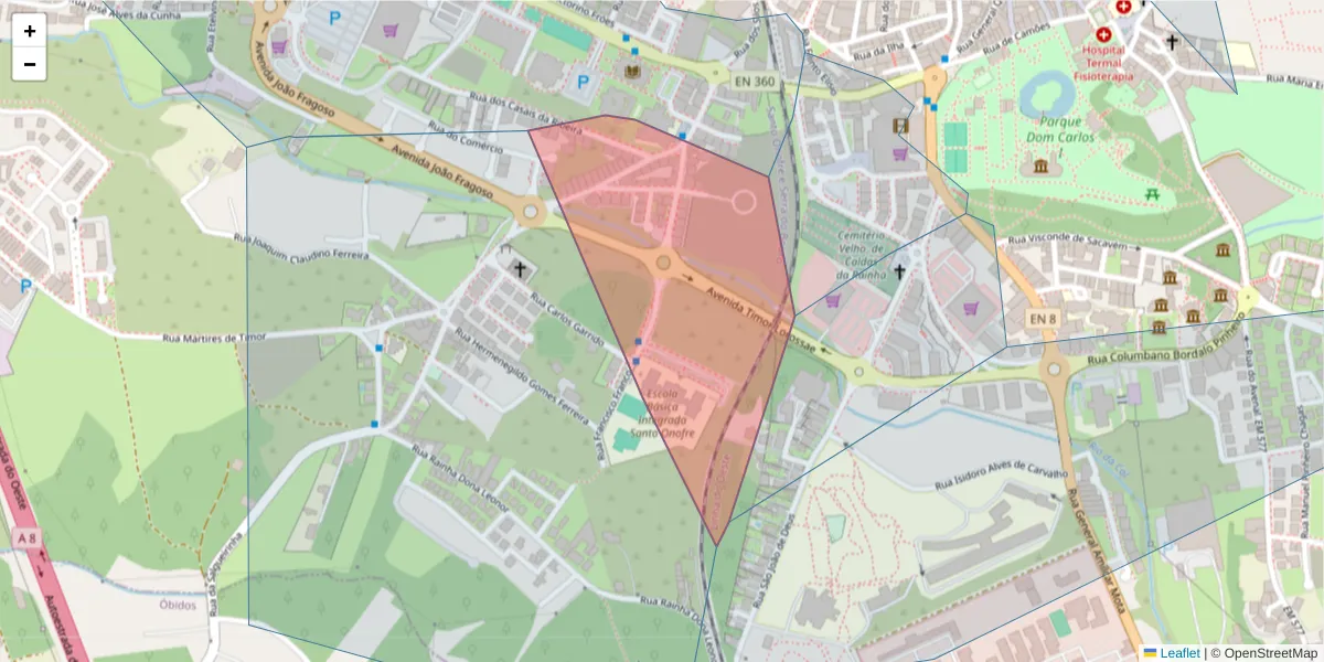 Mapa detalhado do código postal 2500-252 com limites, códigos postais vizinhos e agências dos correios
