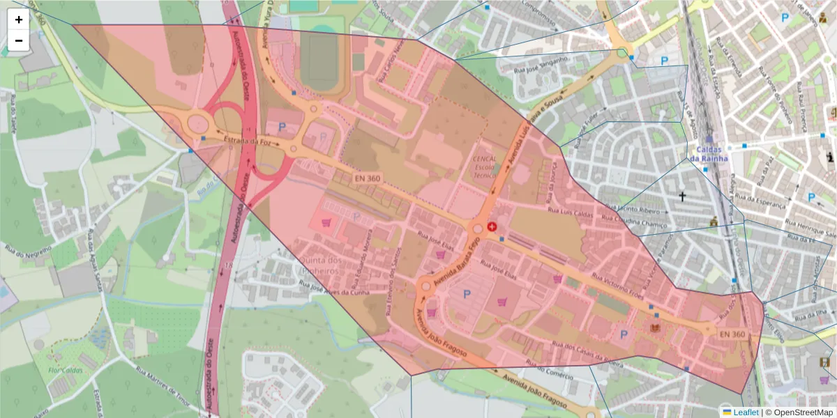 Mapa detalhado do código postal 2500-256 com limites, códigos postais vizinhos e agências dos correios