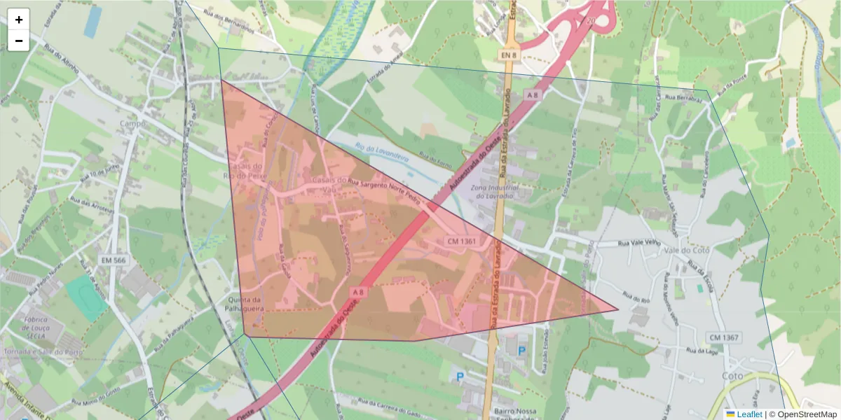 Mapa detalhado do código postal 2500-294 com limites, códigos postais vizinhos e agências dos correios