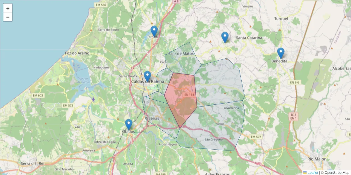 Mapa detalhado do código postal 2500-312 com limites, códigos postais vizinhos e agências dos correios