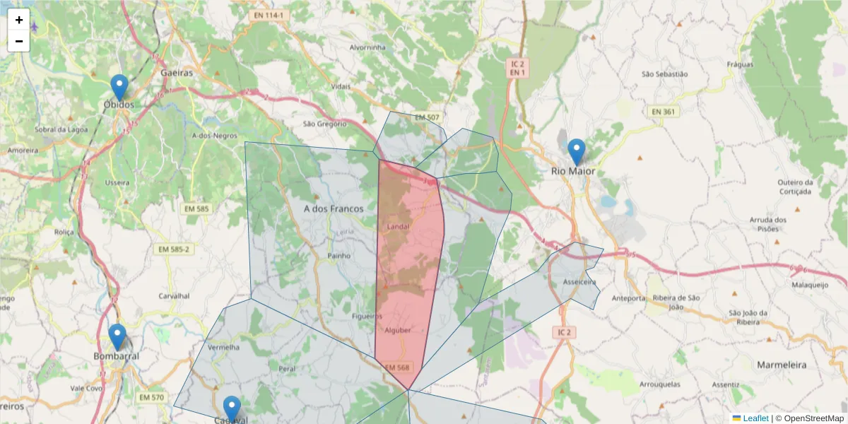 Mapa detalhado do código postal 2500-539 com limites, códigos postais vizinhos e agências dos correios