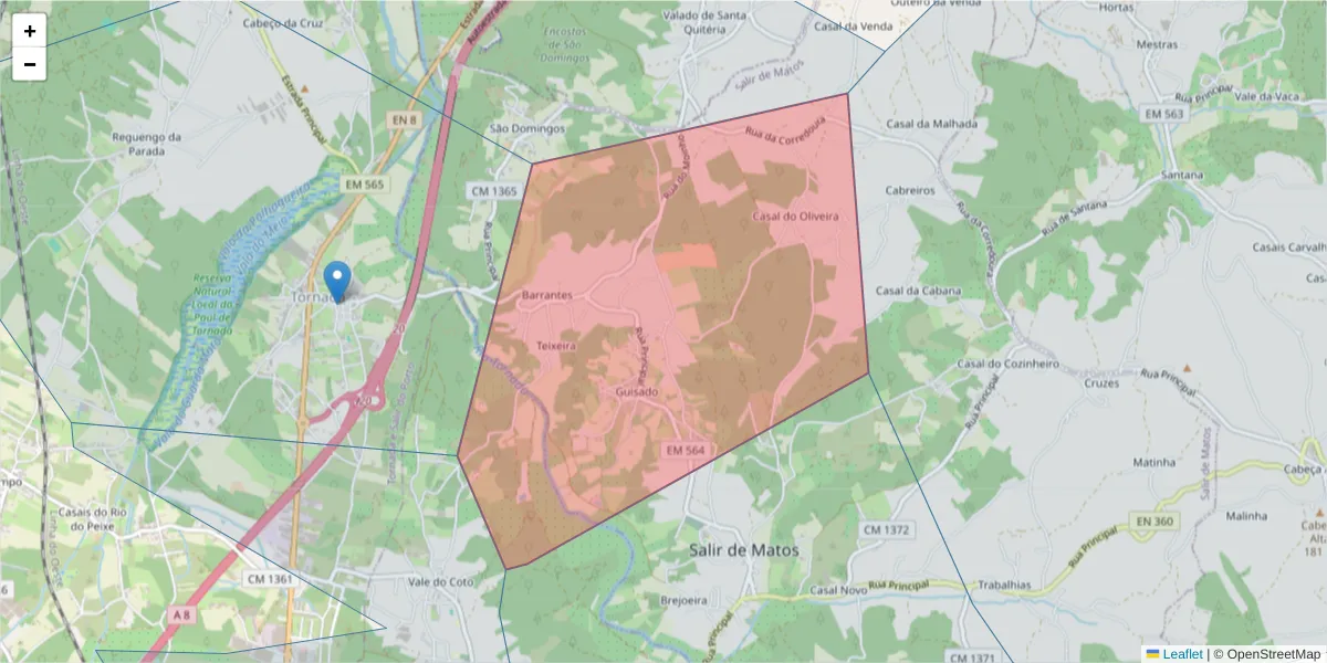 Mapa detalhado do código postal 2500-633 com limites, códigos postais vizinhos e agências dos correios