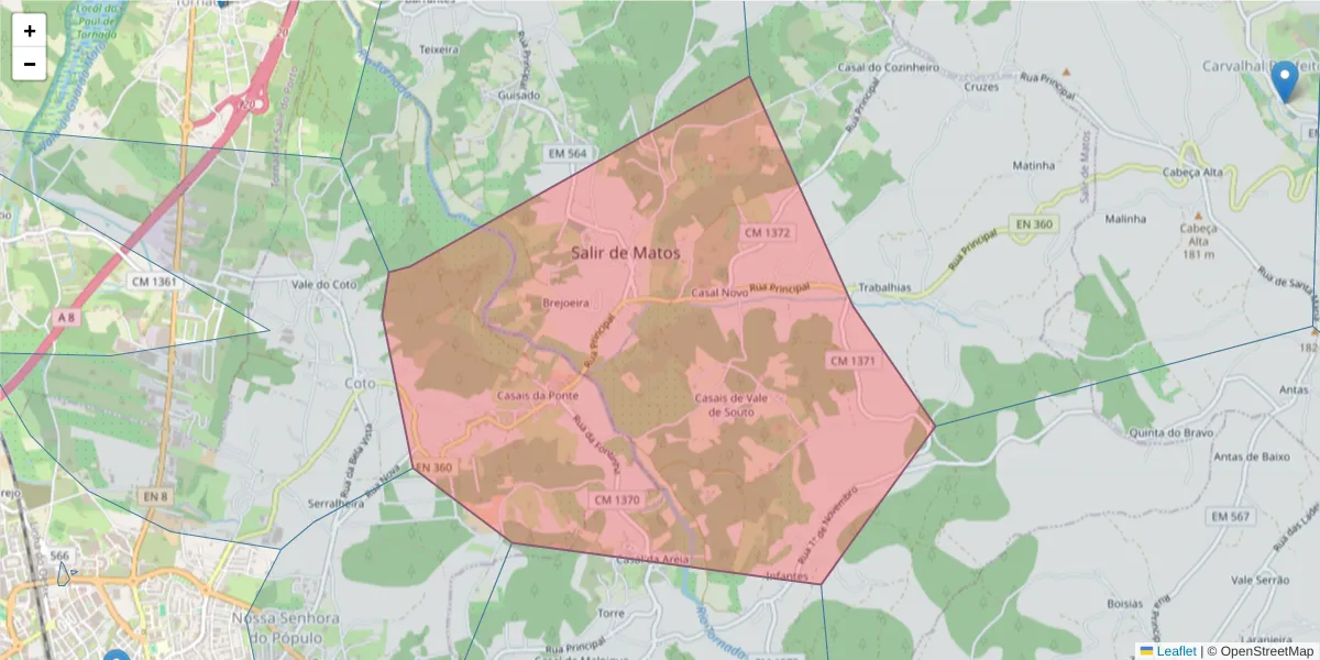 Mapa detalhado do código postal 2500-637 com limites, códigos postais vizinhos e agências dos correios