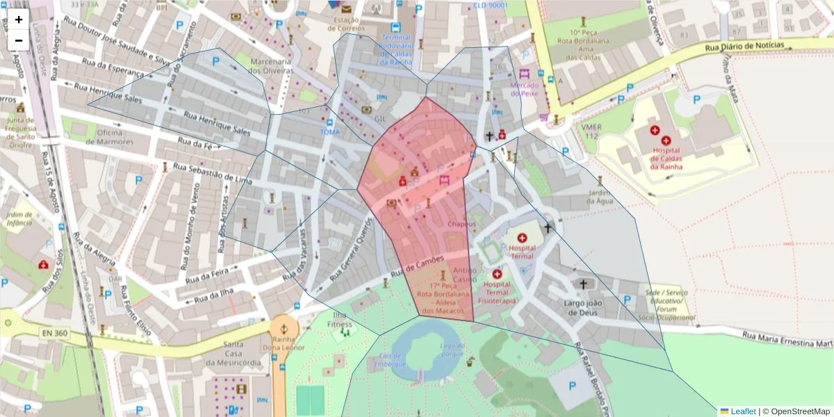 Mapa detalhado do código postal 2500-798 com limites, códigos postais vizinhos e agências dos correios