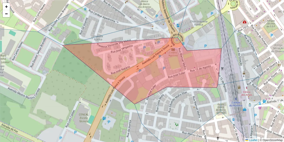 Mapa detalhado do código postal 2500-855 com limites, códigos postais vizinhos e agências dos correios