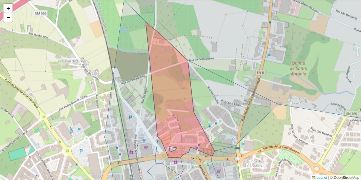 Mapa detalhado do código postal 2500-884 com limites, códigos postais vizinhos e agências dos correios