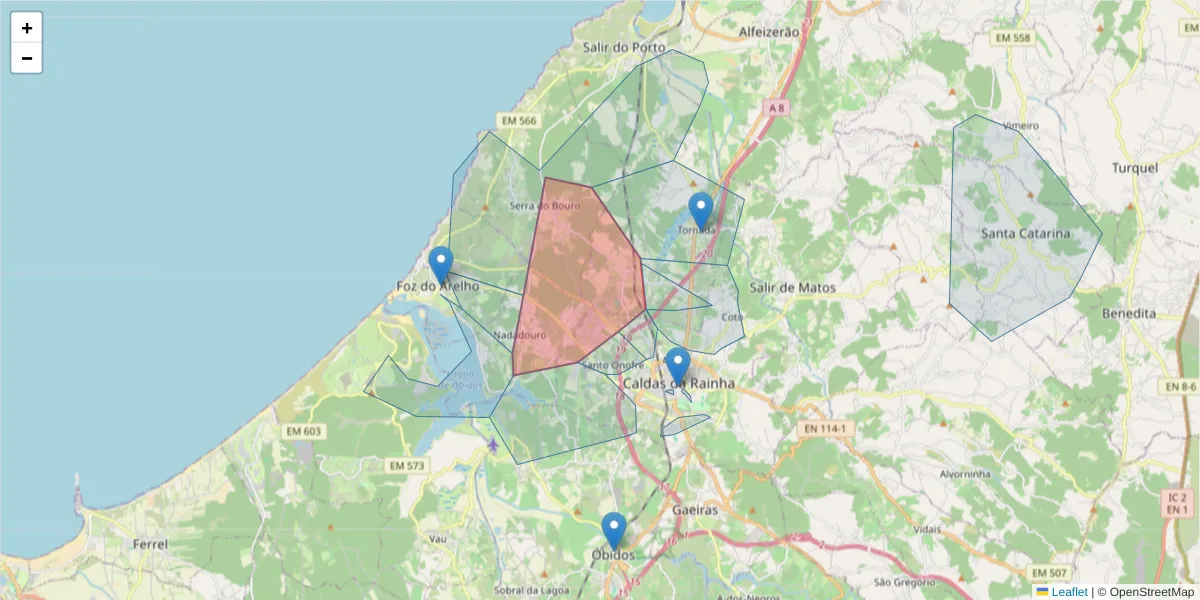 Mapa detalhado do código postal 2500-917 com limites, códigos postais vizinhos e agências dos correios