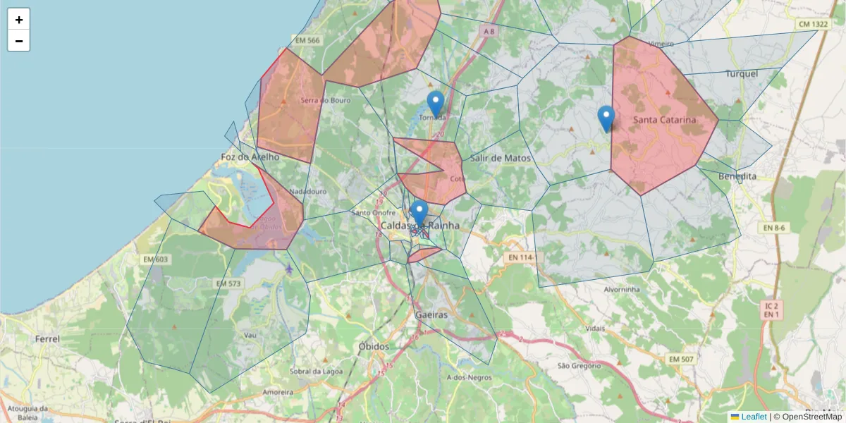 Mapa detalhado do código postal 2500 com limites, códigos postais vizinhos e agências dos correios