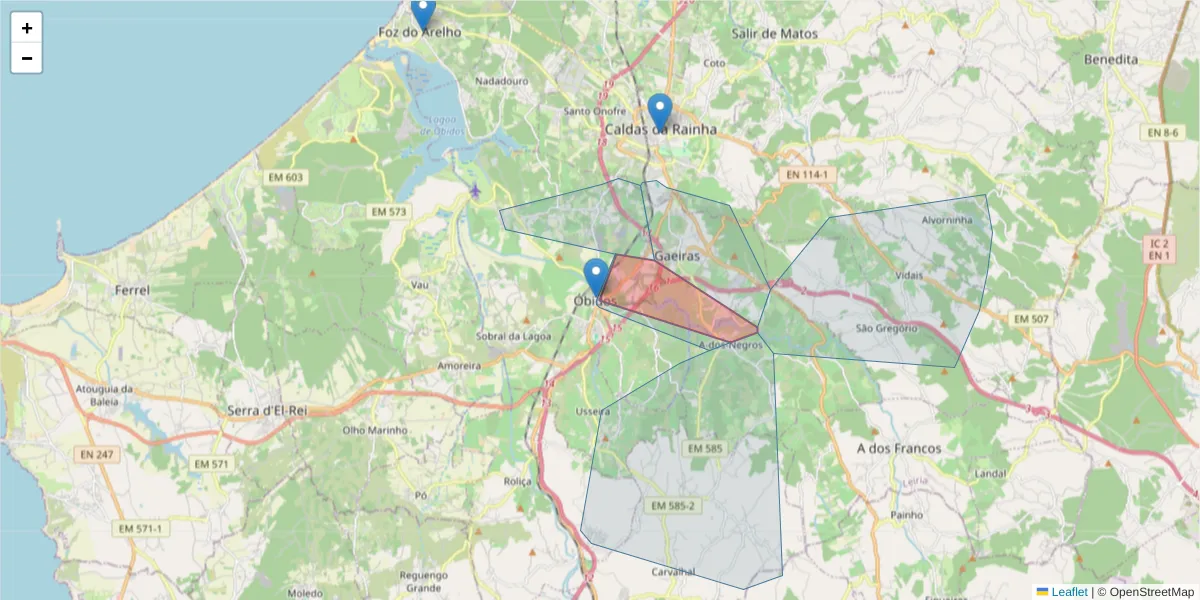 Mapa detalhado do código postal 2510-046 com limites, códigos postais vizinhos e agências dos correios