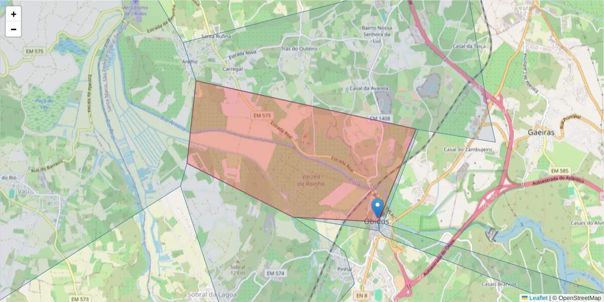 Mapa detalhado do código postal 2510-106 com limites, códigos postais vizinhos e agências dos correios
