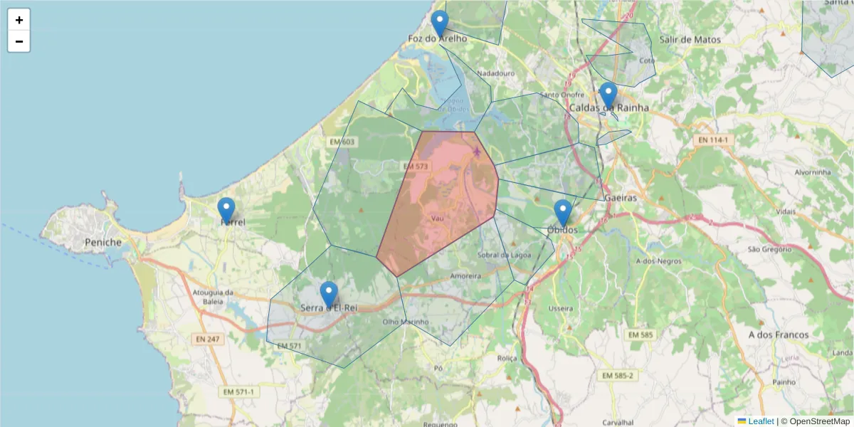 Mapa detalhado do código postal 2510-664 com limites, códigos postais vizinhos e agências dos correios