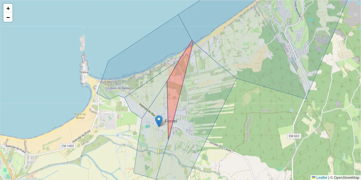 Mapa detalhado do código postal 2520 - 047 com limites, códigos postais vizinhos e agências dos correios