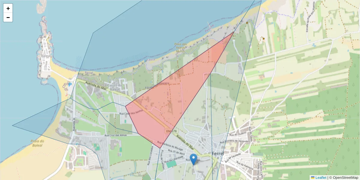 Mapa detalhado do código postal 2520-053 com limites, códigos postais vizinhos e agências dos correios