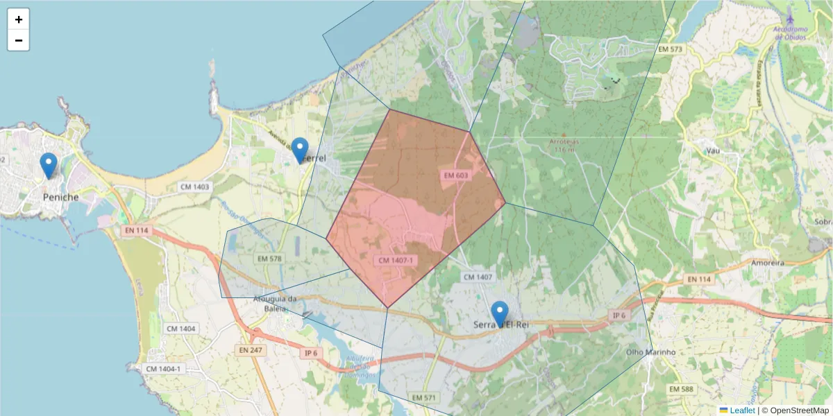 Mapa detalhado do código postal 2520-103 com limites, códigos postais vizinhos e agências dos correios