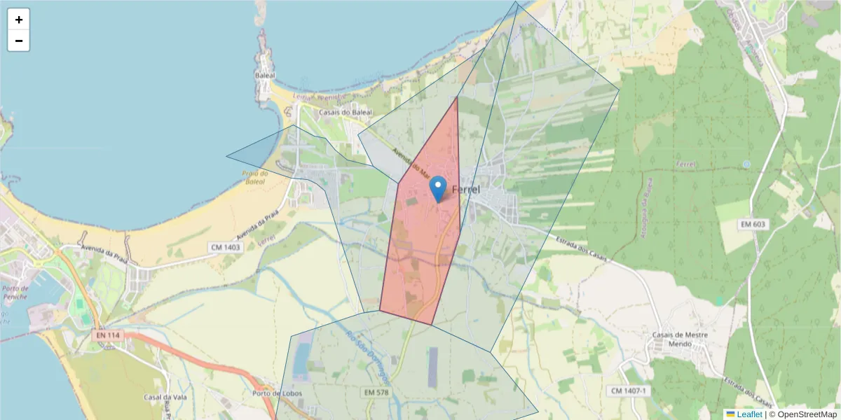 Mapa detalhado do código postal 2520-123 com limites, códigos postais vizinhos e agências dos correios