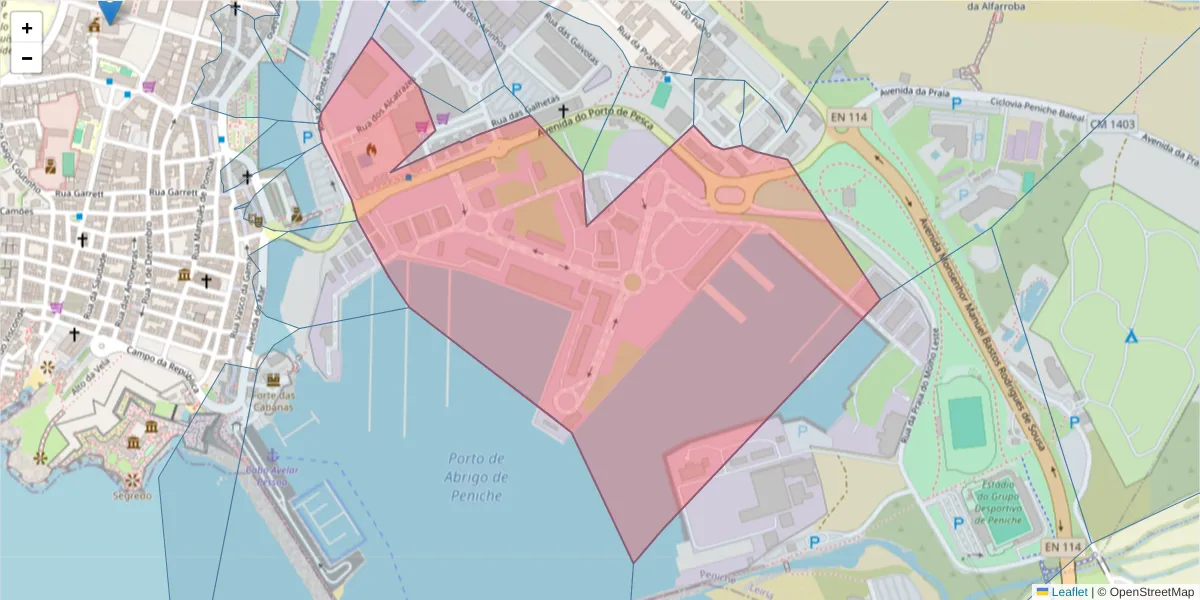 Mapa detalhado do código postal 2520-208 com limites, códigos postais vizinhos e agências dos correios