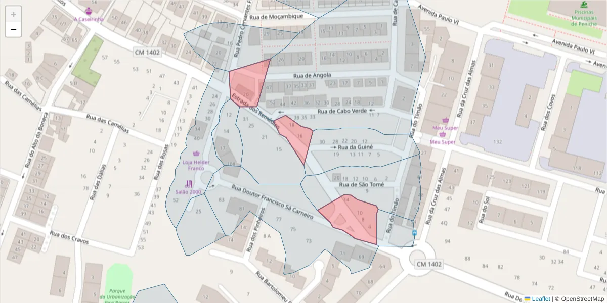 Mapa detalhado do código postal 2520-220 com limites, códigos postais vizinhos e agências dos correios