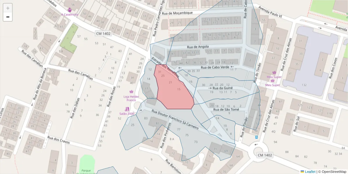 Mapa detalhado do código postal 2520-221 com limites, códigos postais vizinhos e agências dos correios