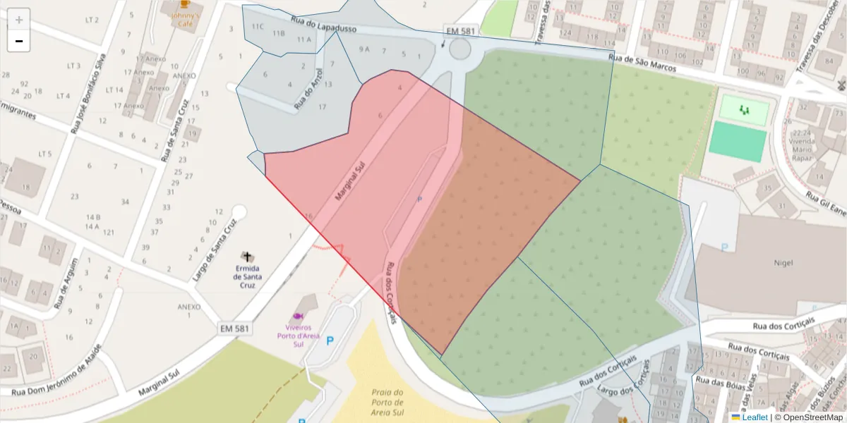 Mapa detalhado do código postal 2520-227 com limites, códigos postais vizinhos e agências dos correios