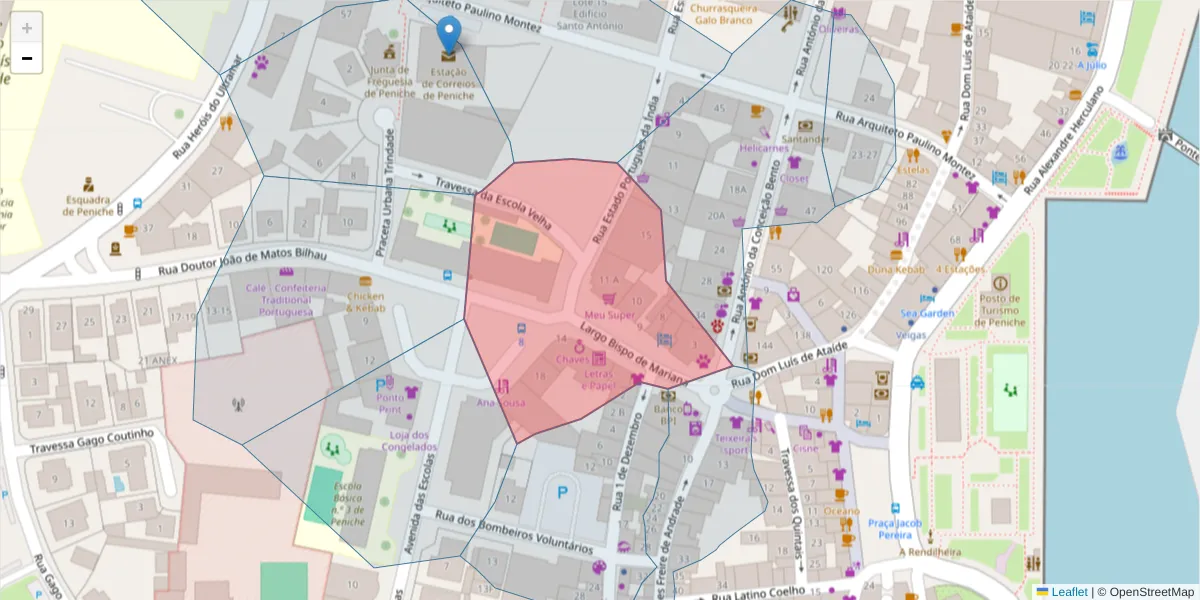 Mapa detalhado do código postal 2520-229 com limites, códigos postais vizinhos e agências dos correios