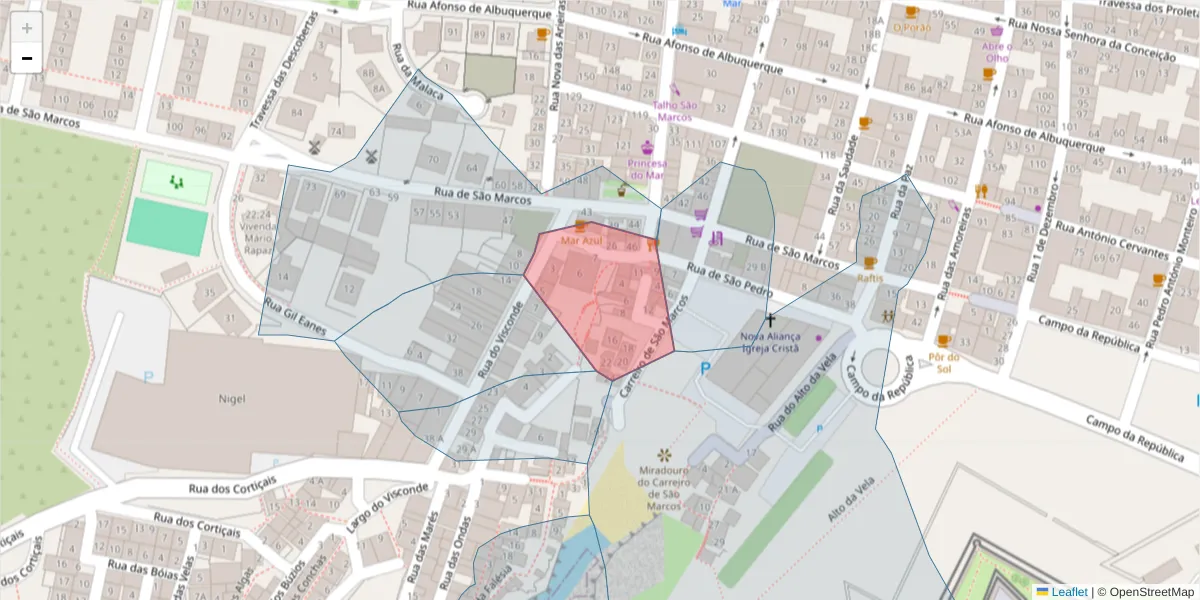 Mapa detalhado do código postal 2520-234 com limites, códigos postais vizinhos e agências dos correios
