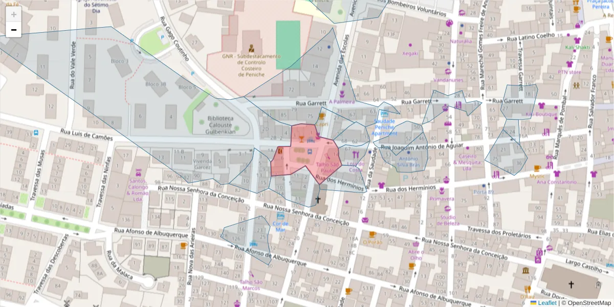 Mapa detalhado do código postal 2520-235 com limites, códigos postais vizinhos e agências dos correios