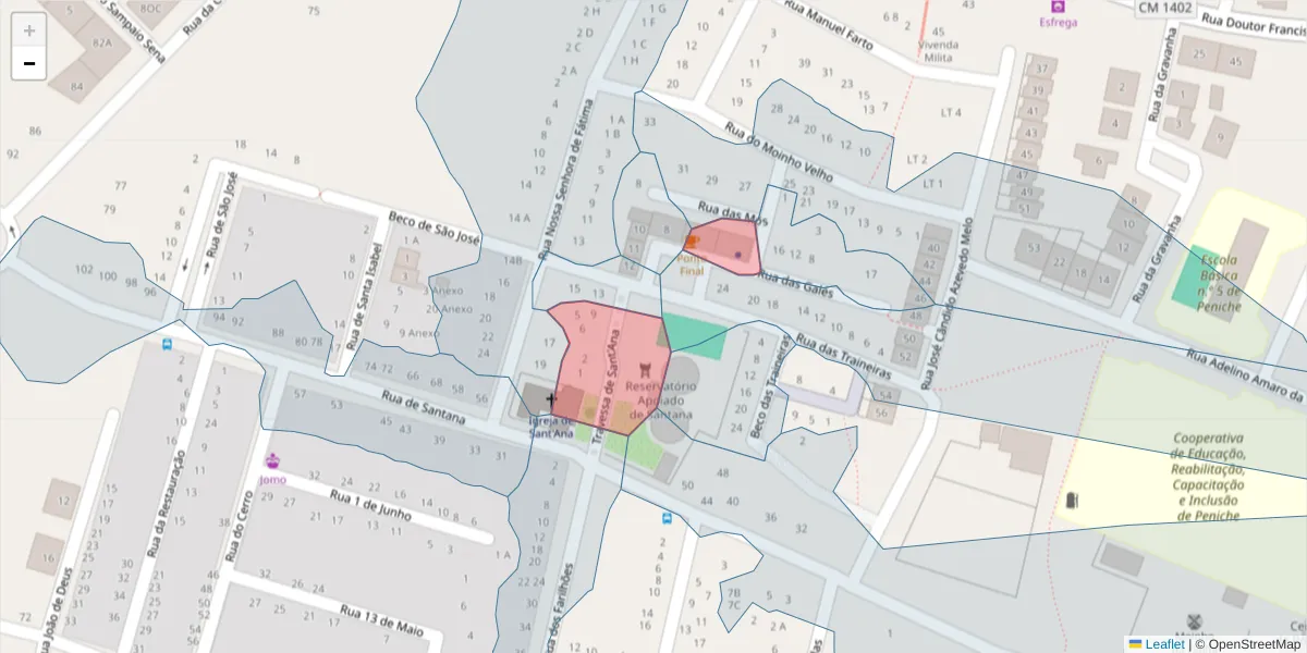 Mapa detalhado do código postal 2520-245 com limites, códigos postais vizinhos e agências dos correios