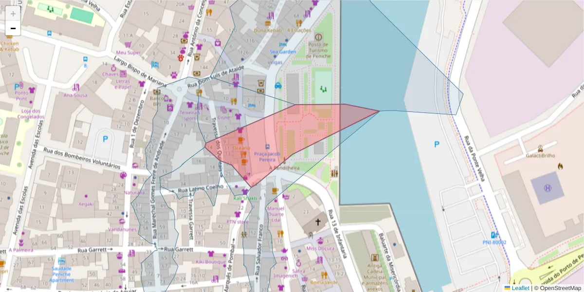 Mapa detalhado do código postal 2520-249 com limites, códigos postais vizinhos e agências dos correios