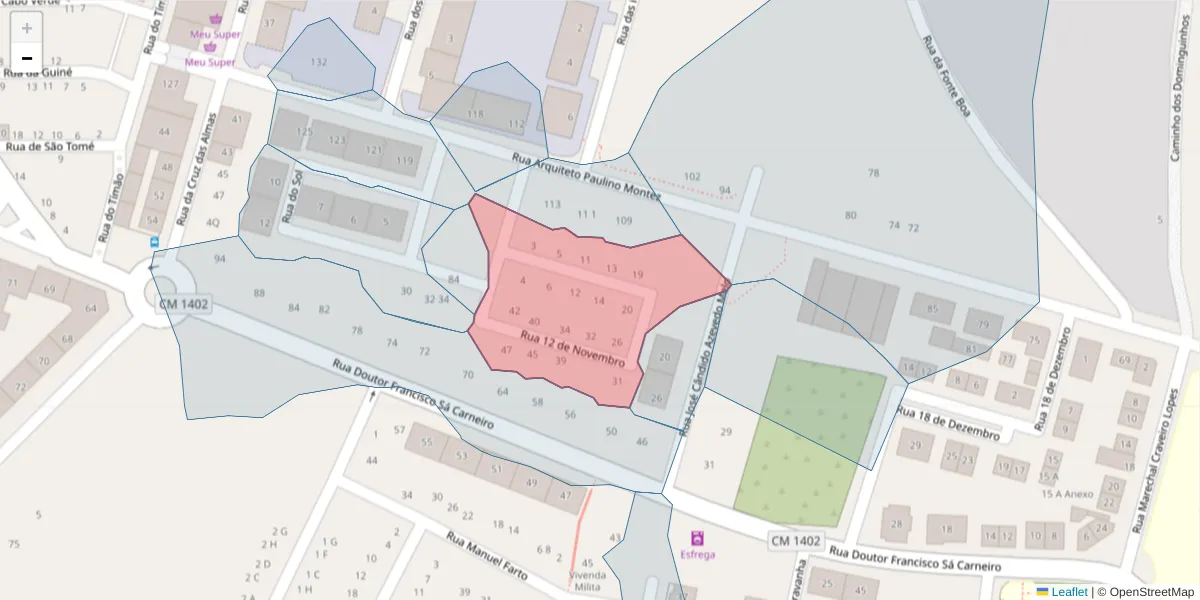 Mapa detalhado do código postal 2520-255 com limites, códigos postais vizinhos e agências dos correios