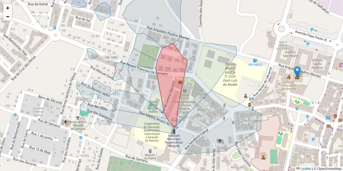 Mapa detalhado do código postal 2520-258 com limites, códigos postais vizinhos e agências dos correios