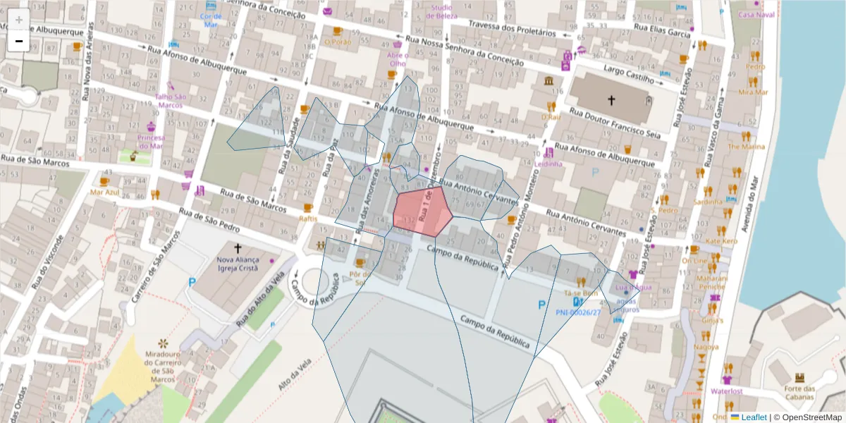 Mapa detalhado do código postal 2520-259 com limites, códigos postais vizinhos e agências dos correios