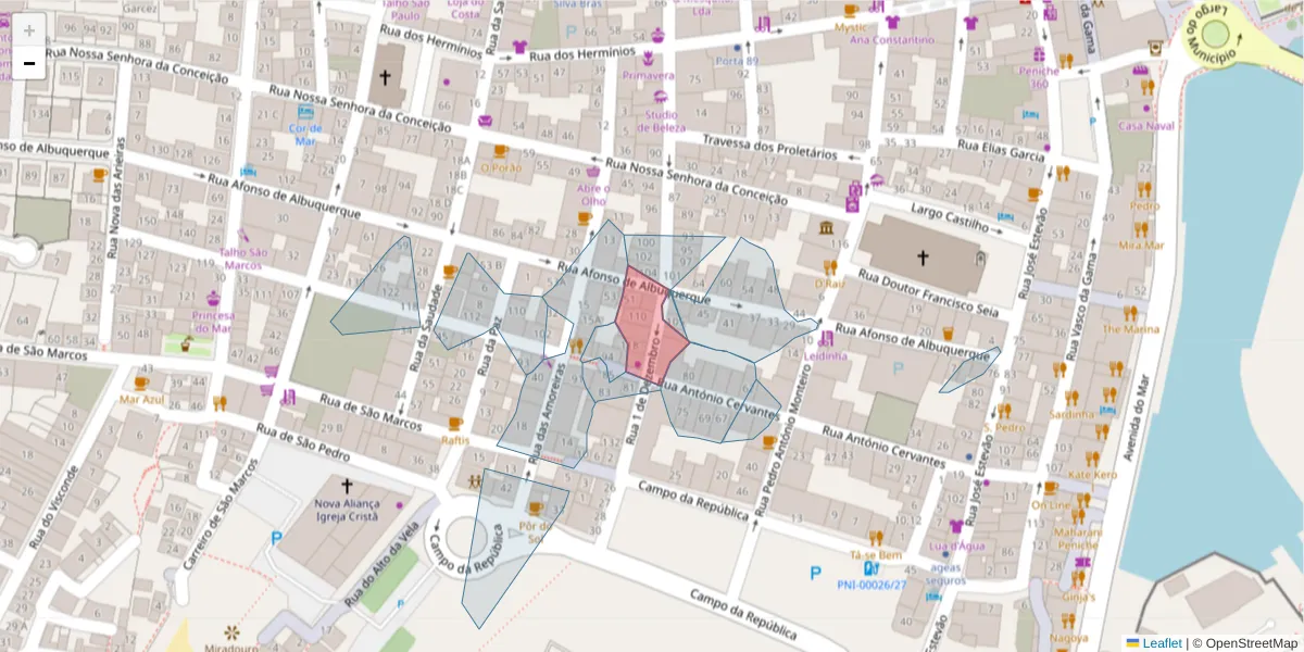 Mapa detalhado do código postal 2520-261 com limites, códigos postais vizinhos e agências dos correios
