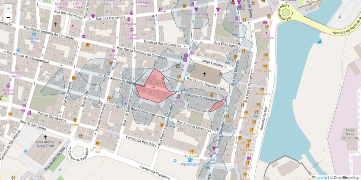 Mapa detalhado do código postal 2520-270 com limites, códigos postais vizinhos e agências dos correios