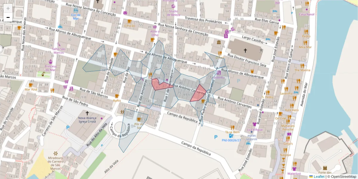 Mapa detalhado do código postal 2520-280 com limites, códigos postais vizinhos e agências dos correios