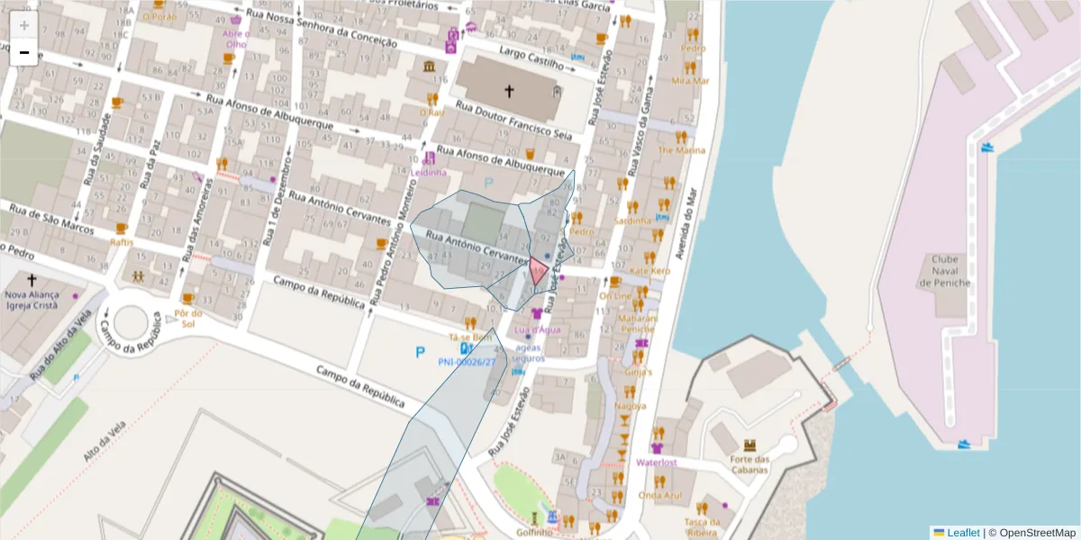 Mapa detalhado do código postal 2520-282 com limites, códigos postais vizinhos e agências dos correios