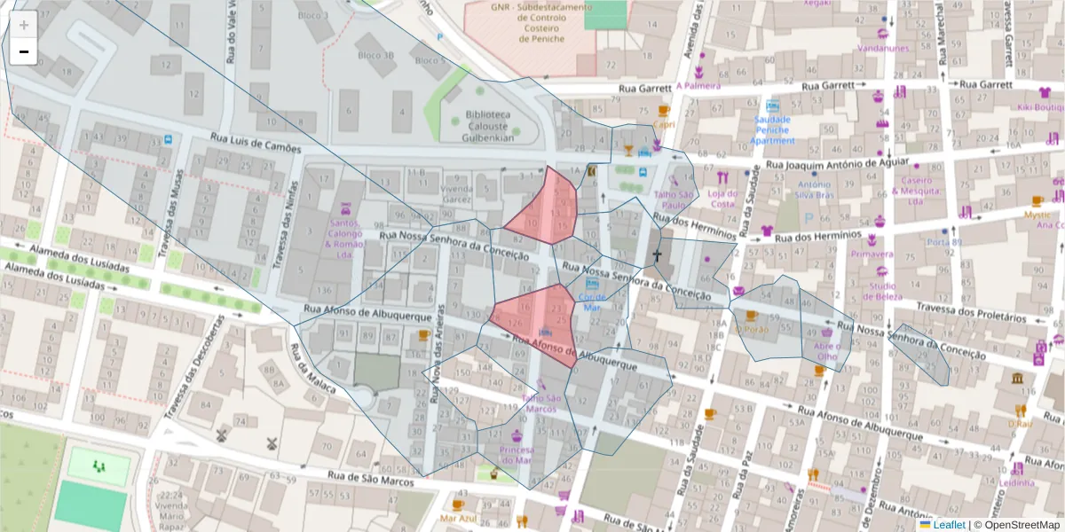 Mapa detalhado do código postal 2520-288 com limites, códigos postais vizinhos e agências dos correios