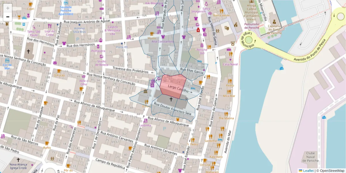 Mapa detalhado do código postal 2520-300 com limites, códigos postais vizinhos e agências dos correios