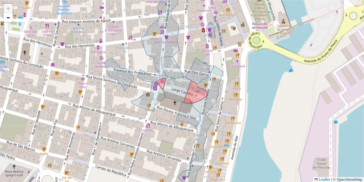 Mapa detalhado do código postal 2520-302 com limites, códigos postais vizinhos e agências dos correios