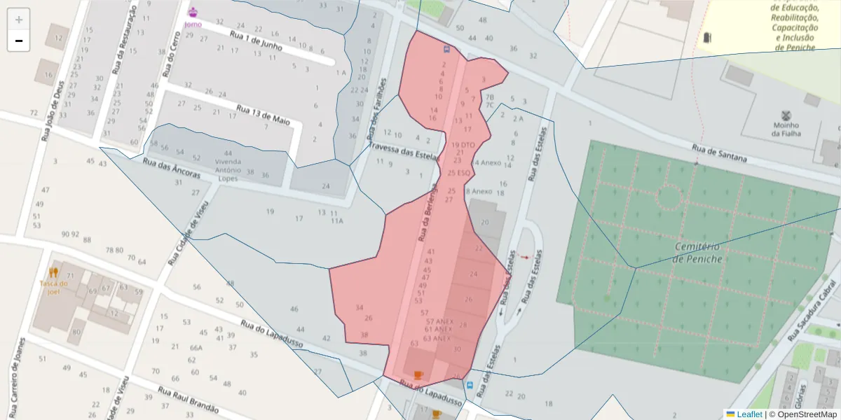 Mapa detalhado do código postal 2520-309 com limites, códigos postais vizinhos e agências dos correios