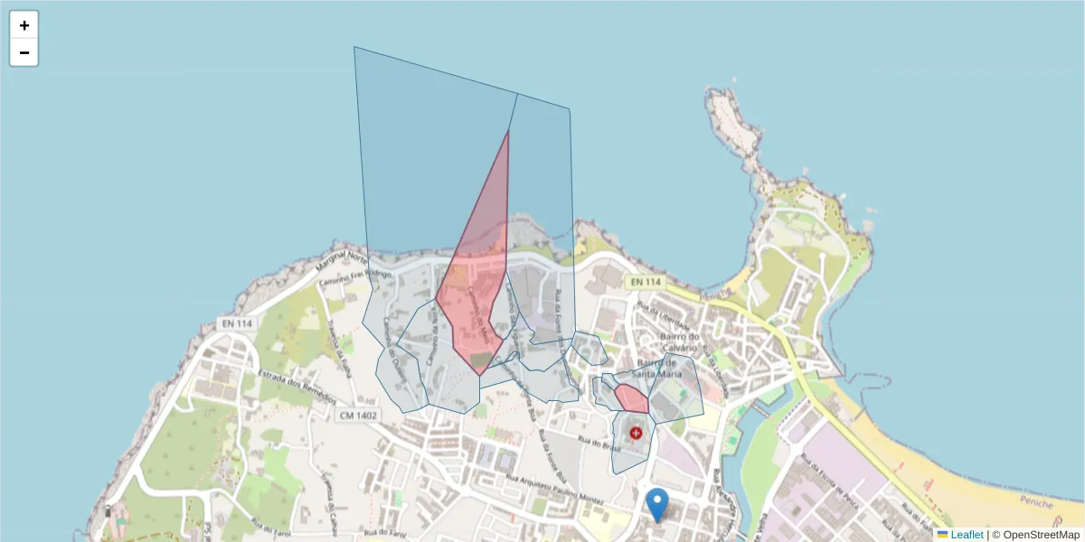 Mapa detalhado do código postal 2520-316 com limites, códigos postais vizinhos e agências dos correios