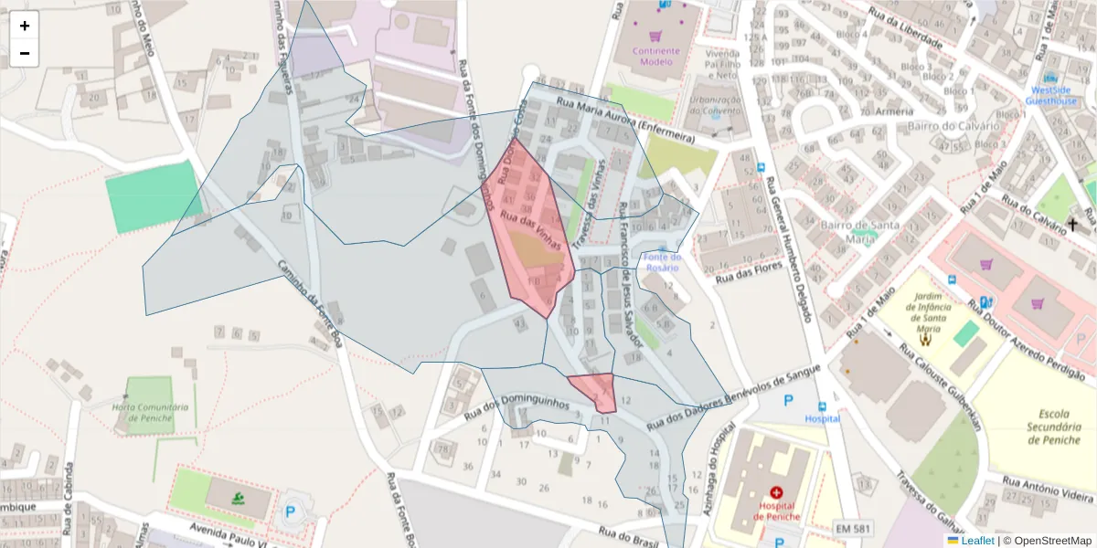 Mapa detalhado do código postal 2520-317 com limites, códigos postais vizinhos e agências dos correios