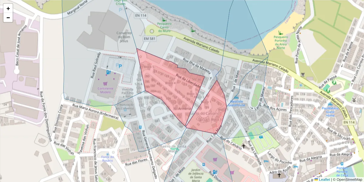Mapa detalhado do código postal 2520-322 com limites, códigos postais vizinhos e agências dos correios