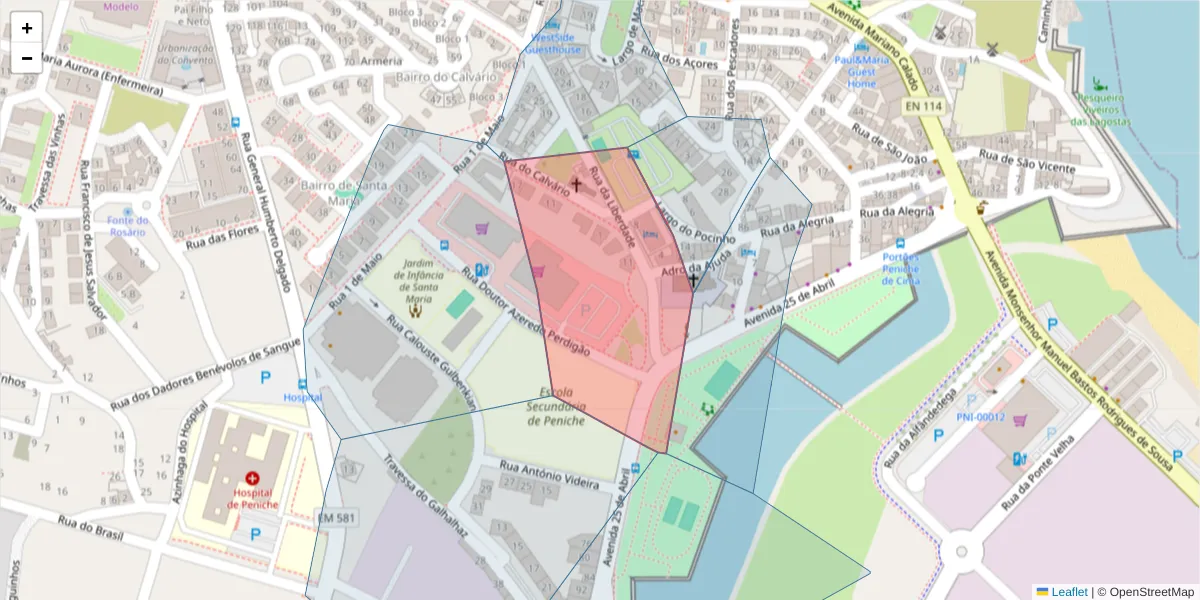 Mapa detalhado do código postal 2520-324 com limites, códigos postais vizinhos e agências dos correios