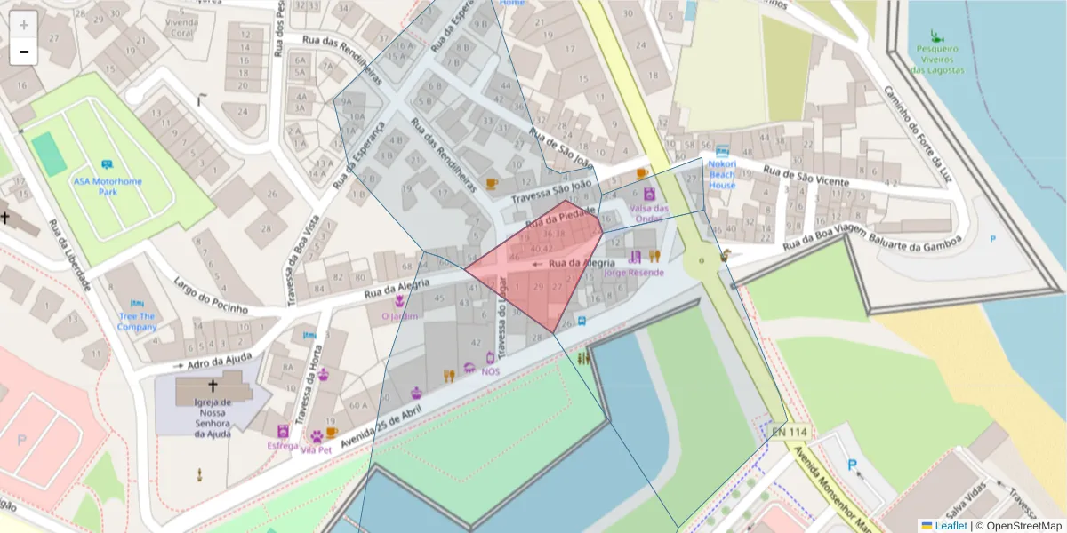 Mapa detalhado do código postal 2520-329 com limites, códigos postais vizinhos e agências dos correios