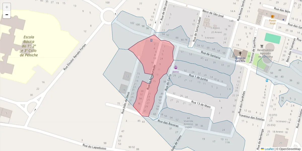Mapa detalhado do código postal 2520-332 com limites, códigos postais vizinhos e agências dos correios