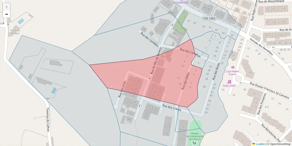Mapa detalhado do código postal 2520-345 com limites, códigos postais vizinhos e agências dos correios